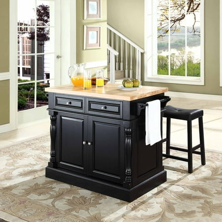 Crosley Furniture Butcher Block Top Kitchen Island with Upholstered Saddle Stools, Multiple Finishes