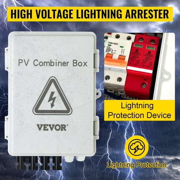 Caja combinadora VEVOR PV, 4 cuerdas con fusible de corriente nominal de 15 A, disyuntor de 63 A, conector de detención de rayos para sistema de panel solar de red de encendido/apagado, IP65