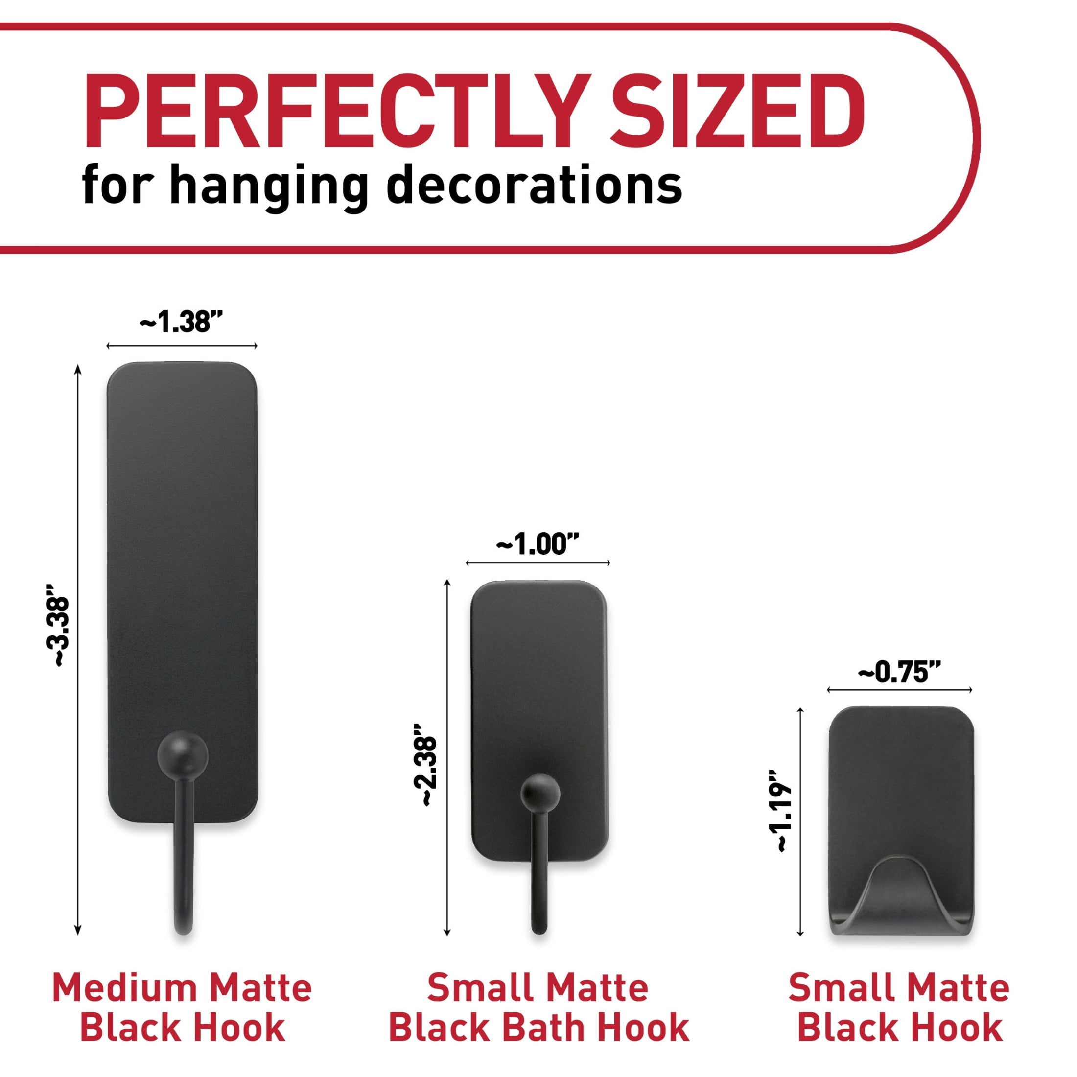 Command Hooks Matte Black Decorations Variety Kit, Holds up to 3 lb., 7 Wall Hooks Total