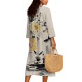 thumbnail image 2 of COEQINE Boho Chic Dress for Women 3/4 Sleeve Wrap V-Neck Flowy Midi Tunic Sundress, Loose Casual Beach Church Dress, Wrinkle Resistant, Size L, Ink Yellow Peony Cat, 2 of 6