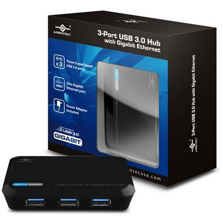Vantec UGT-MH330GNA 3-Port USB 3.0 Hub with Gigabit Ethernet Port, Black