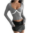 thumbnail image 2 of Qulqfy Crop Blouses for Women Lace Gray Long Sleeve Boat Neck Blouses Tight Women's Party Tops L, 2 of 6