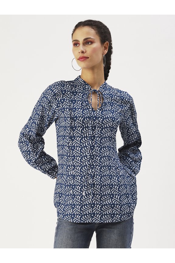 Women’s Printed Viscose Rayon Top Keyhole Neck with Ties Long Pleated Sleeves Waist Length Regular Wear Light Weighted Casual Summer Top