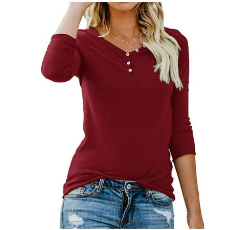 Women's New V-neck Buttons Long Sleeve Solid Color Round Neck Ladies T ...