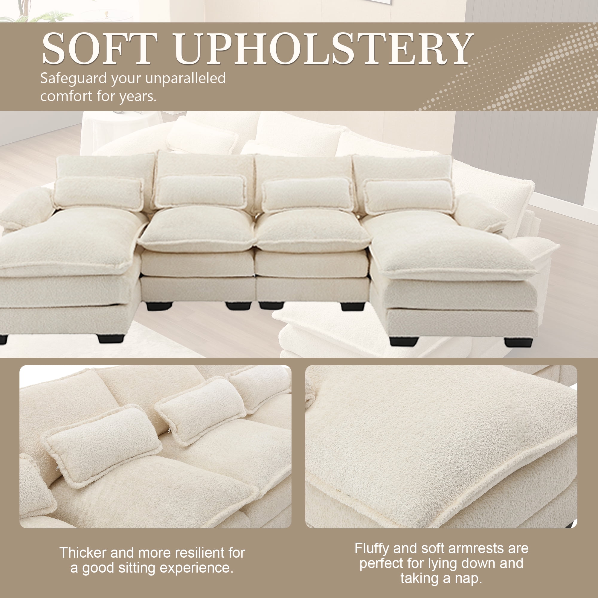 MOONMISS Chenille Upholstered U-Shaped Oversized four-seater Living Room Sectional Sofa With Wooden Frame-Beige