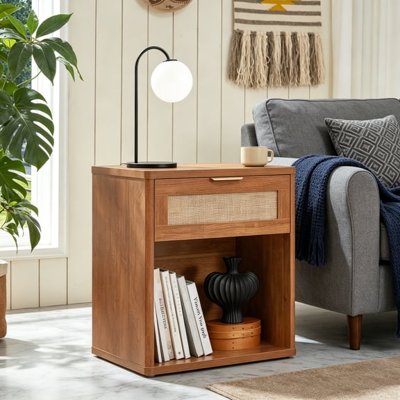 Rattan Nightstand Set of 2 with Charging Station, Tea Brown Night Stand with Drawer, 23" Wide Boho Bedside Table with Storage Shelf, Bed Side End Table for Bedroom, Living Room, Hallway