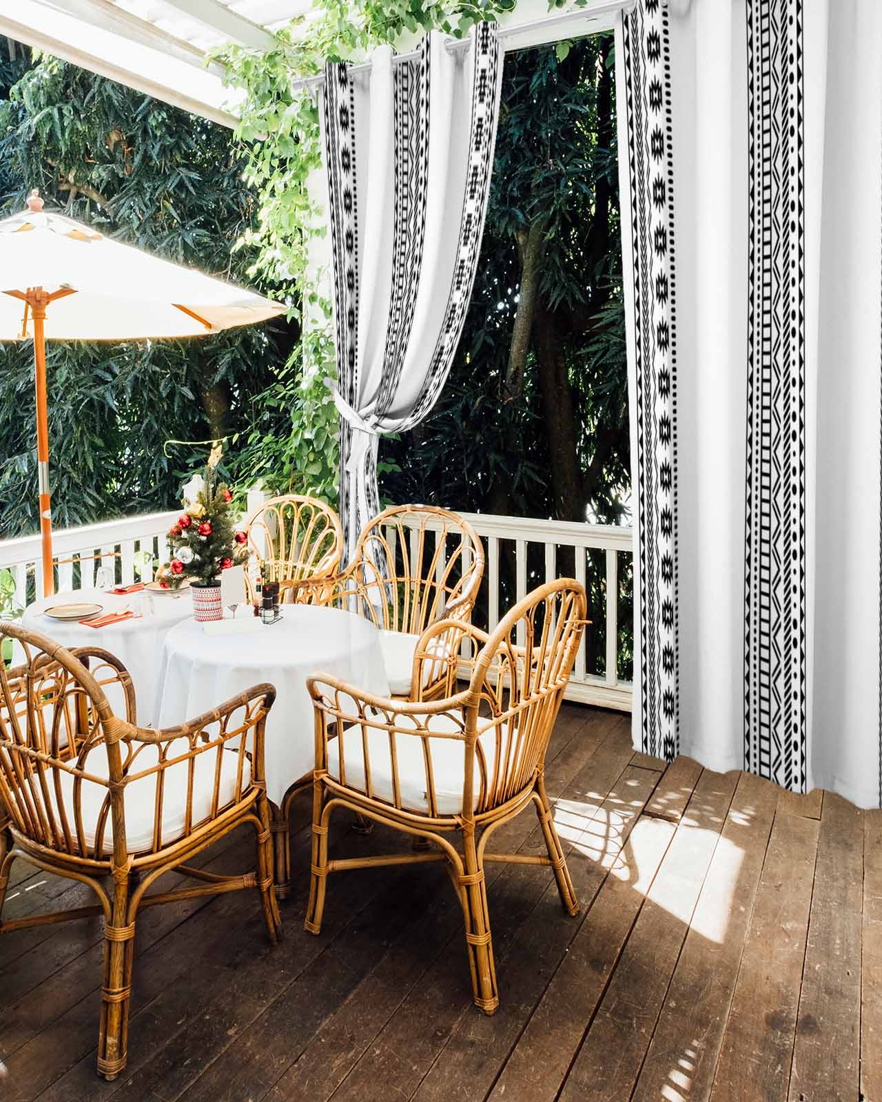 White Boho Outdoor Curtains for Patio, Farmhouse Simple Abstract Striped Geometric Privacy Drapes Grommet Waterproof Outside Curtains for Porch/Cabana/Balcony 54"x 95", 2 Panel