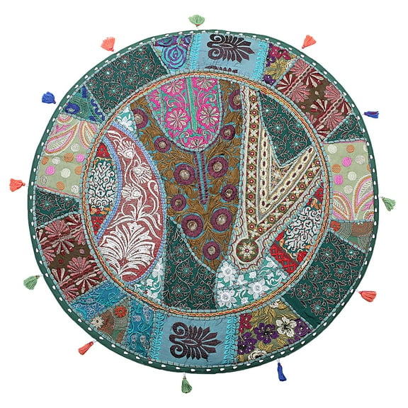 Stylo Culture Ethnic Outdoor Floor Cushion Cover Vintage Patchwork Yoga Pillow Case Dark Hunter Green 28x28 Big Decorative Round Decor Seating Tuffet Seat Pouf Cover Footstool Cotton Embroidered 1 Pc