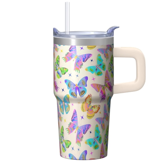 20OZ Flower Butterfly Print Tumbler Cup with Handle Straw and Lid Cute Travel Coffee Mug Reusable Drinkware Great Gift for Women Friends Suitable for Holiday Birthday Party Favors Travel Home Use