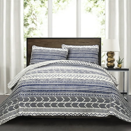 Lush Decor Hygge Geo Cotton Reversible Quilt, Full/Queen, Geometric Print, Navy/White, 3-pc set includes: 1 Quilt, 2 Pillow Shams