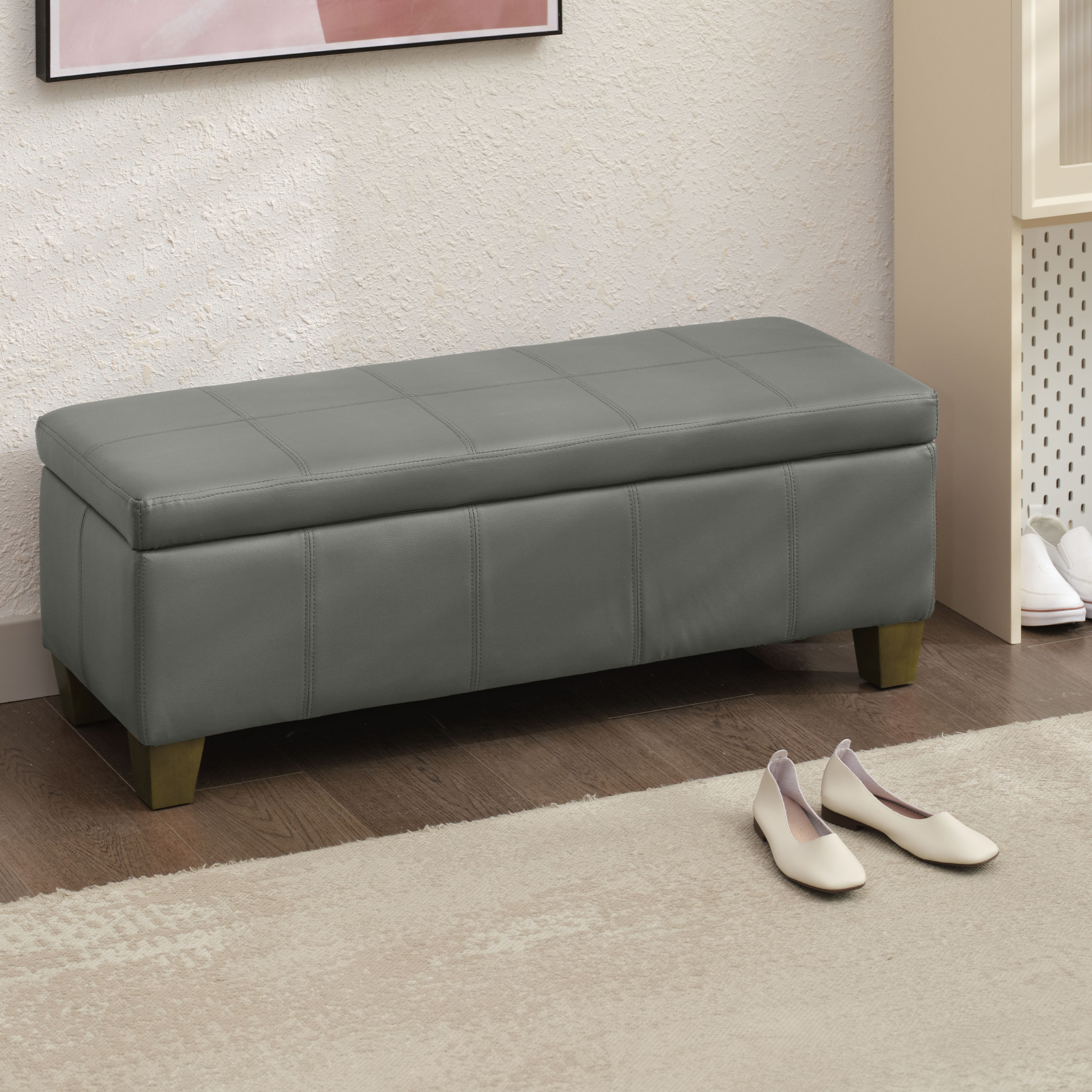 Foredo Rectangle Ottoman with Storage, Modern Faux Leather Bench with Solid Wood Legs, Ottoman for Living Room, Bedroom and Entryway, Gray