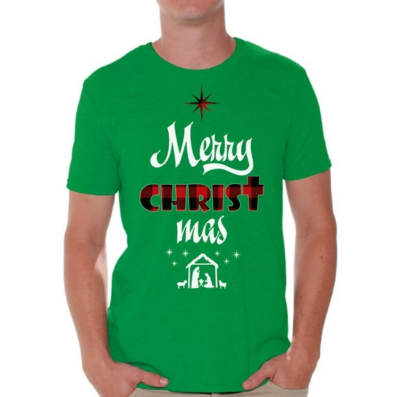 Merry Christmas Men Shirt Christian Shirt for Men Merry Xmas Men's T-Shirt Plaid Cross Jesus Christ Tee for Him Christmas Shirt for Men Christmas Tshirt Christian Cross Top Xmas Gifts Happy Holidays