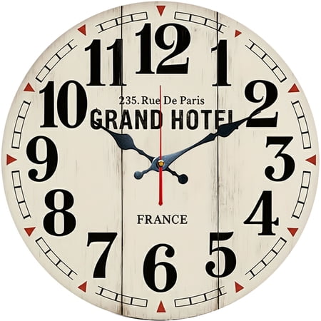 Hoease 10 Inch Silent Wall Clock, Vintage Paris Grand Hotel Wood Decorative Wall Clock, Battery Operated Non-Ticking Round Clock for Living Room Bedroom Home Decor