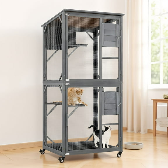 Pefilos 72" Outdoor Wood Cat House, 3 Floors Cat Enclosure Catio, Indoor Kitten Playpen with Resting Box, Cat Cage Waterproof Asphalt Roof, Gray