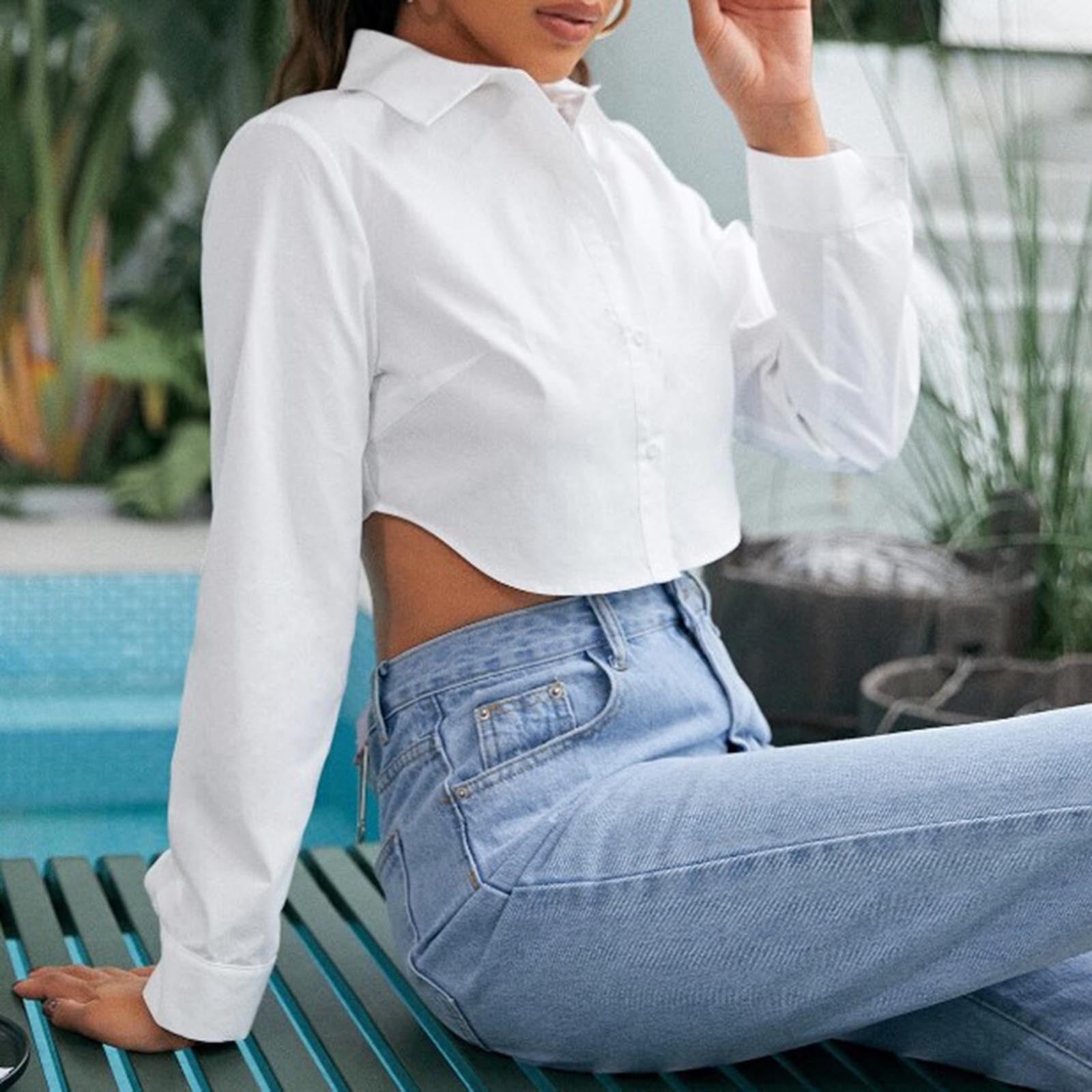 Fouhkni Crop Tops for Women Collared Button down T Shirts Long Sleeve Loose  Casual Blouse Tee Tops - Walmart.com