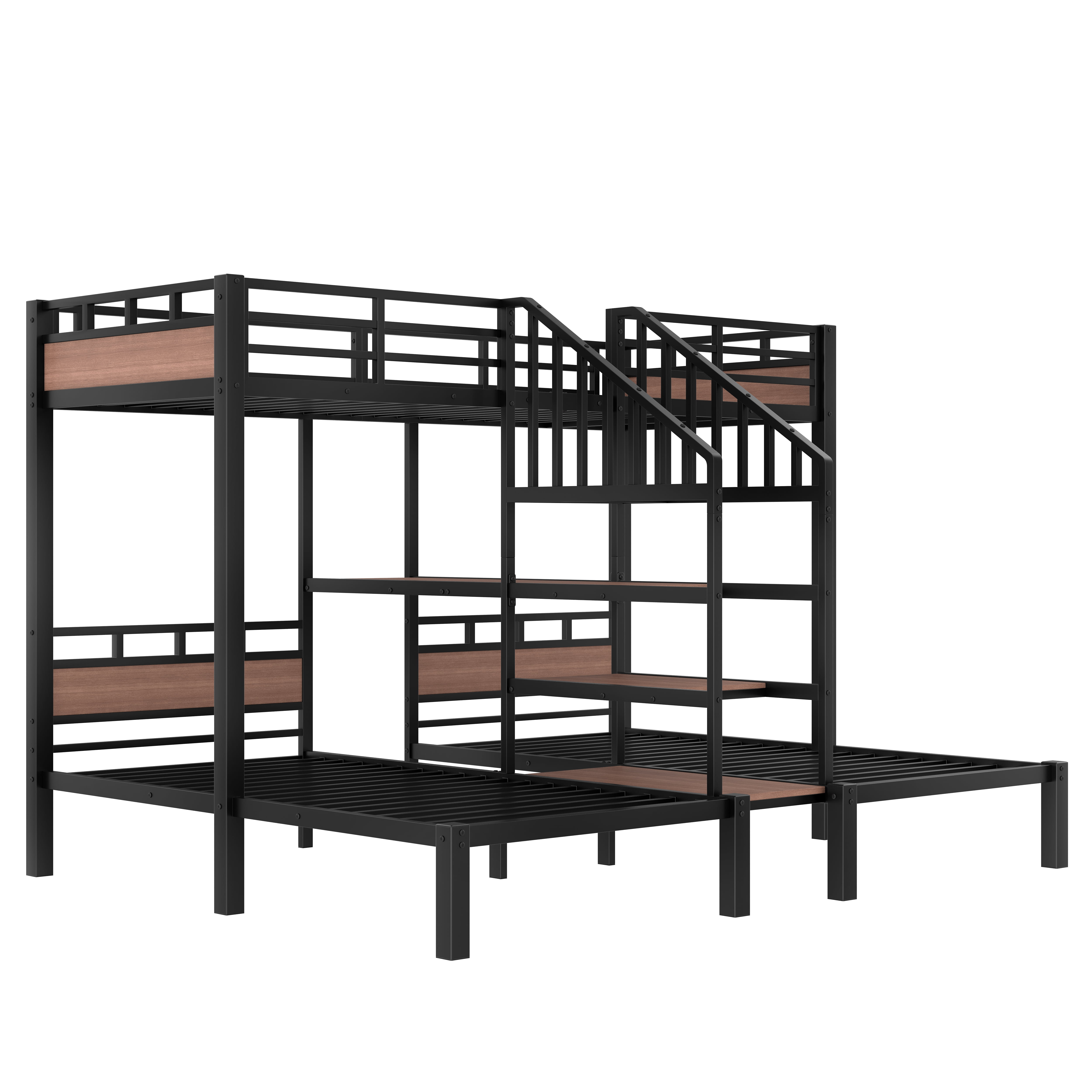 Triple Bunk Bed, Metal Bunk Bed, Twin over Twin over Twin with Storage Shelves, Headboard Shelf, Storage Stairs, Guardrails, 300 Lbs Each, Black for Kids Bedroom Dorm Hostel