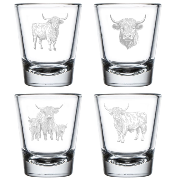 Set of 4 Shot Glasses 1.75oz Shot Glass Gift Highland Cow Collection