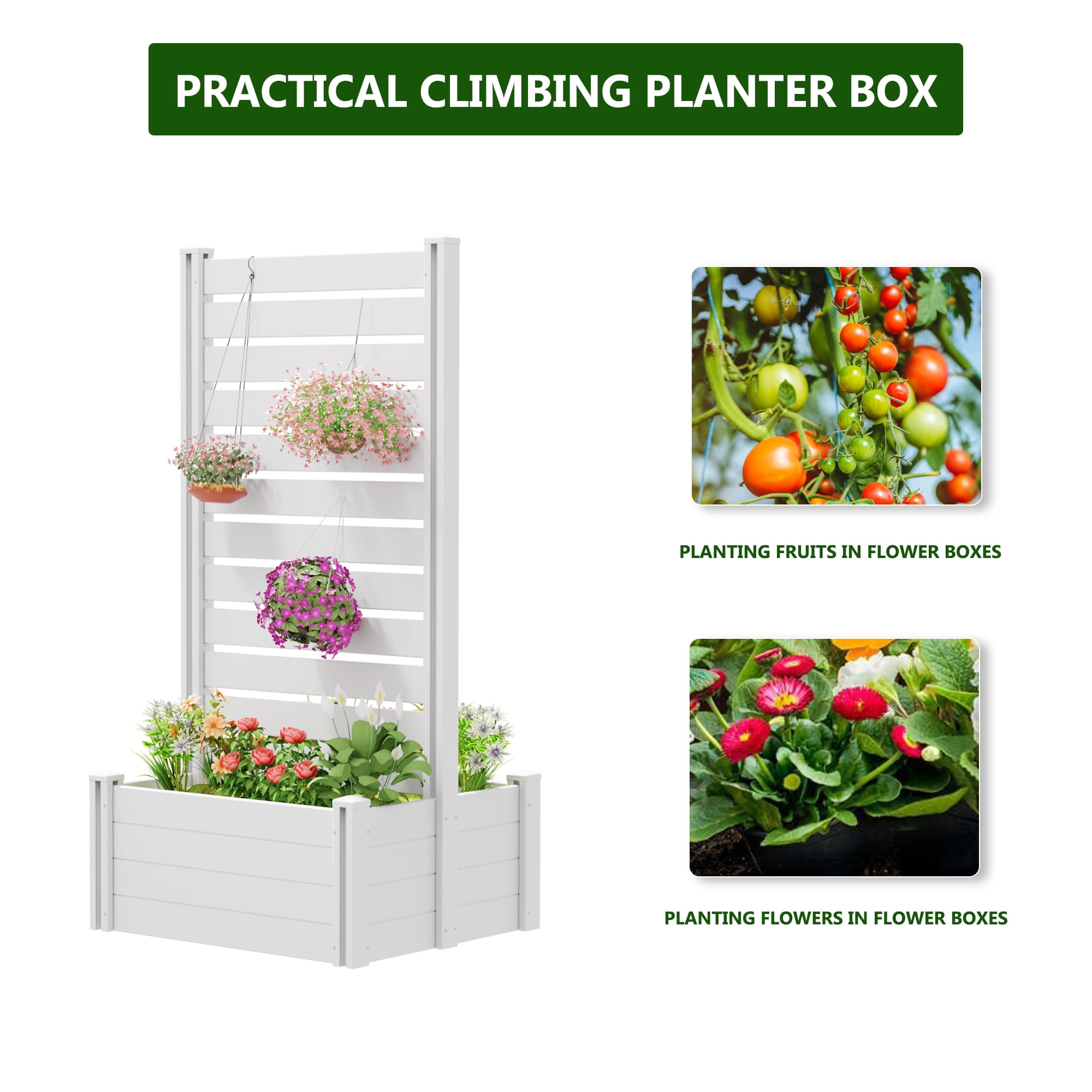 MAYEERTY Outdoor White PVC Rectangular Planter Box with Trellis for Climbing Plants, Raised Garden Bed