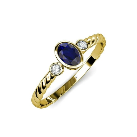 

Blue Sapphire and Diamond (SI2-I1 G-H) Three Stone Rope Ring 0.61 ct tw in 14K Yellow Gold.size 8.5
