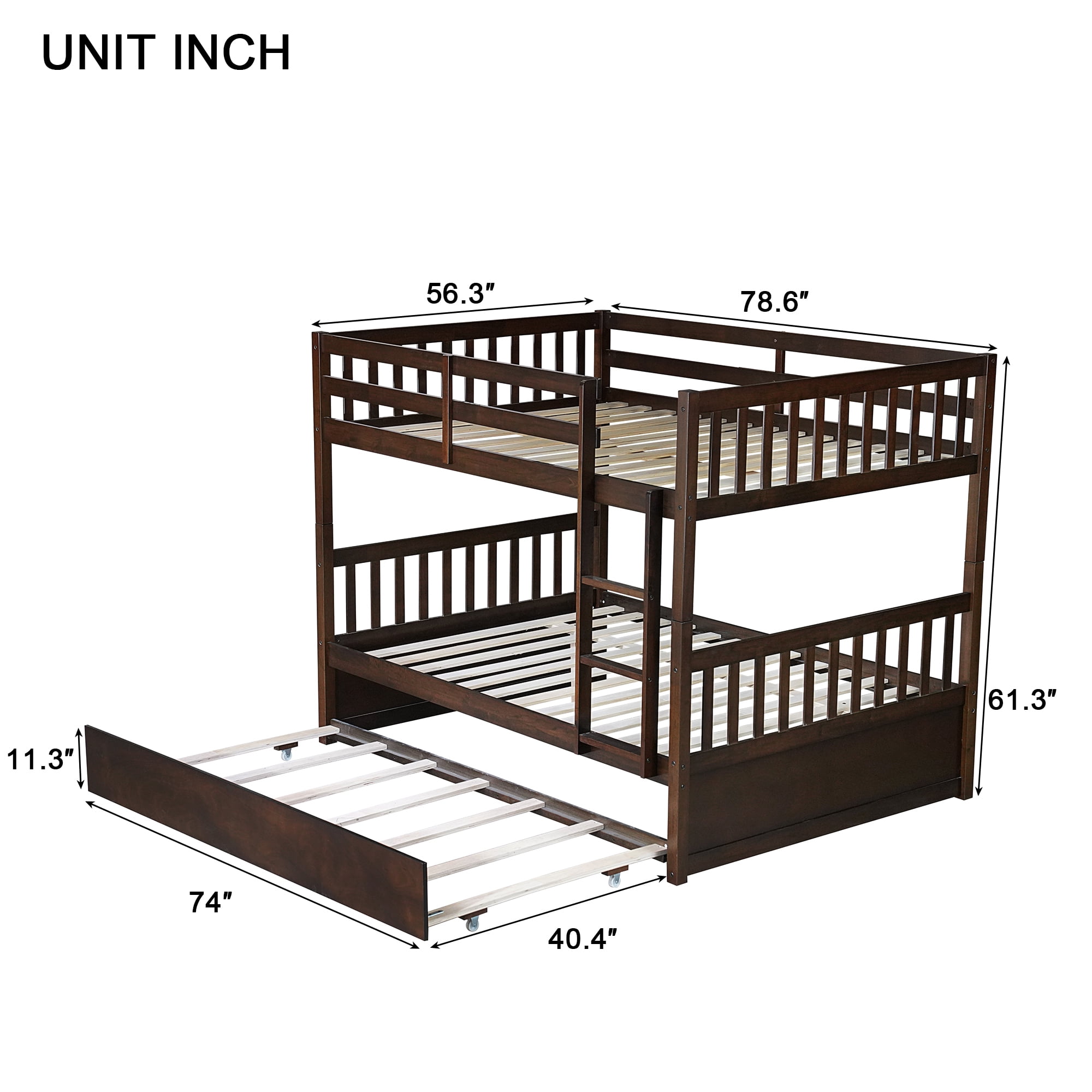 Leumius Full Over Full Size Bed Frame with Trundle, Ladder and Guardrails, Convertible to 2 Full Size Beds, Rubber Wood Bed with Twin Size Trundle for Boys Girls Espresso