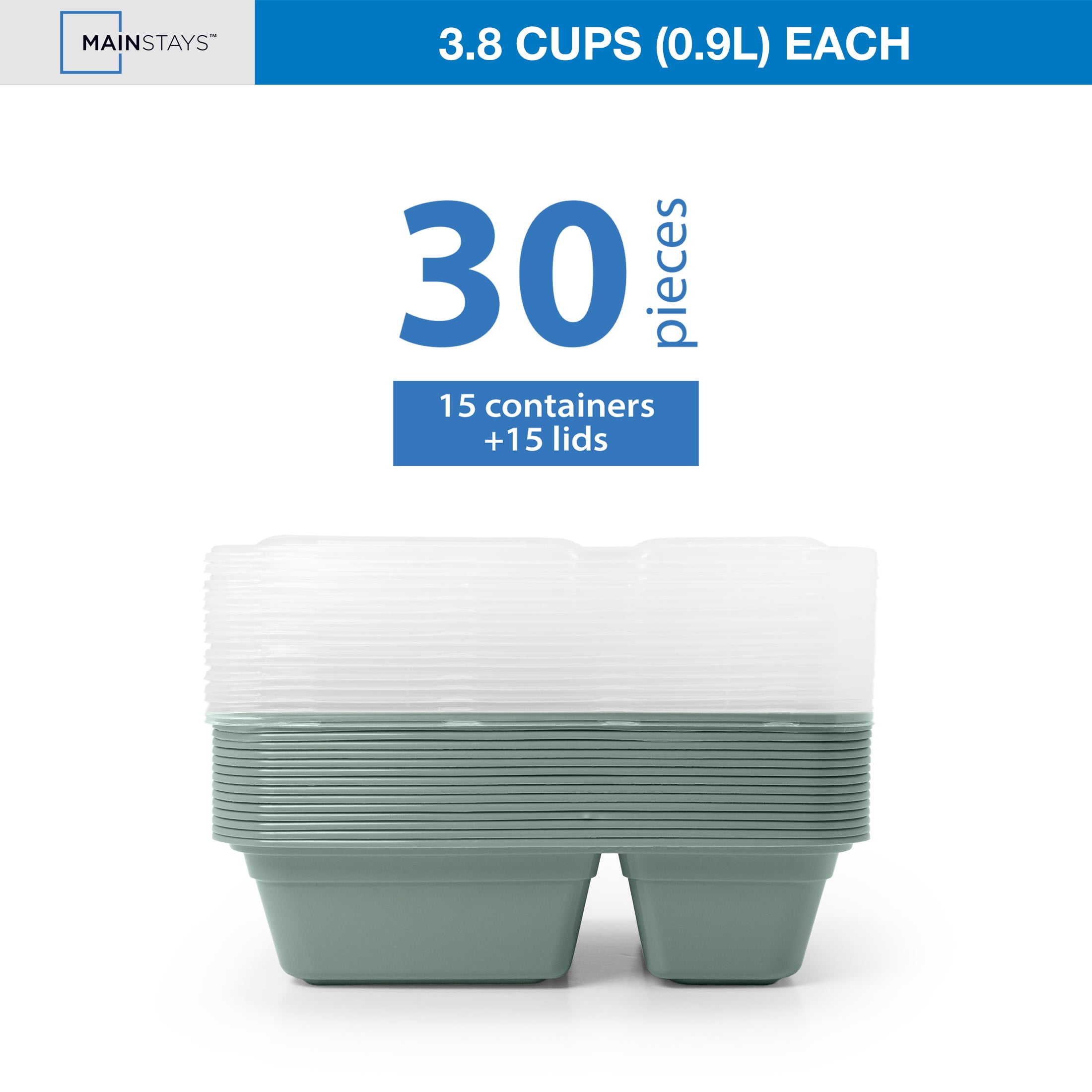 Mainstays 15-Pack 2-Compartment BPA-Free Meal Prep Food Storage Containers, Green Sage
