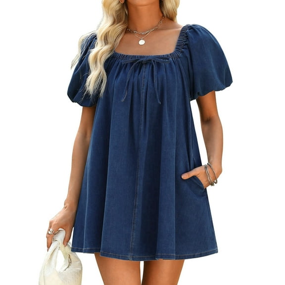 Dress for Women, Puff Short Sleeve Jean Dress Square Neck Denim Romper with Pockets Blue L