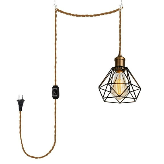 KAYYELAMP Vintage E26 Base Diamond Shape Hollow Cage Shade Pendant Light Fixture 15 Feet Plug in Dimmer Cord Hanging Lamp for Kitchen Loft Dining Room(No Bulb)