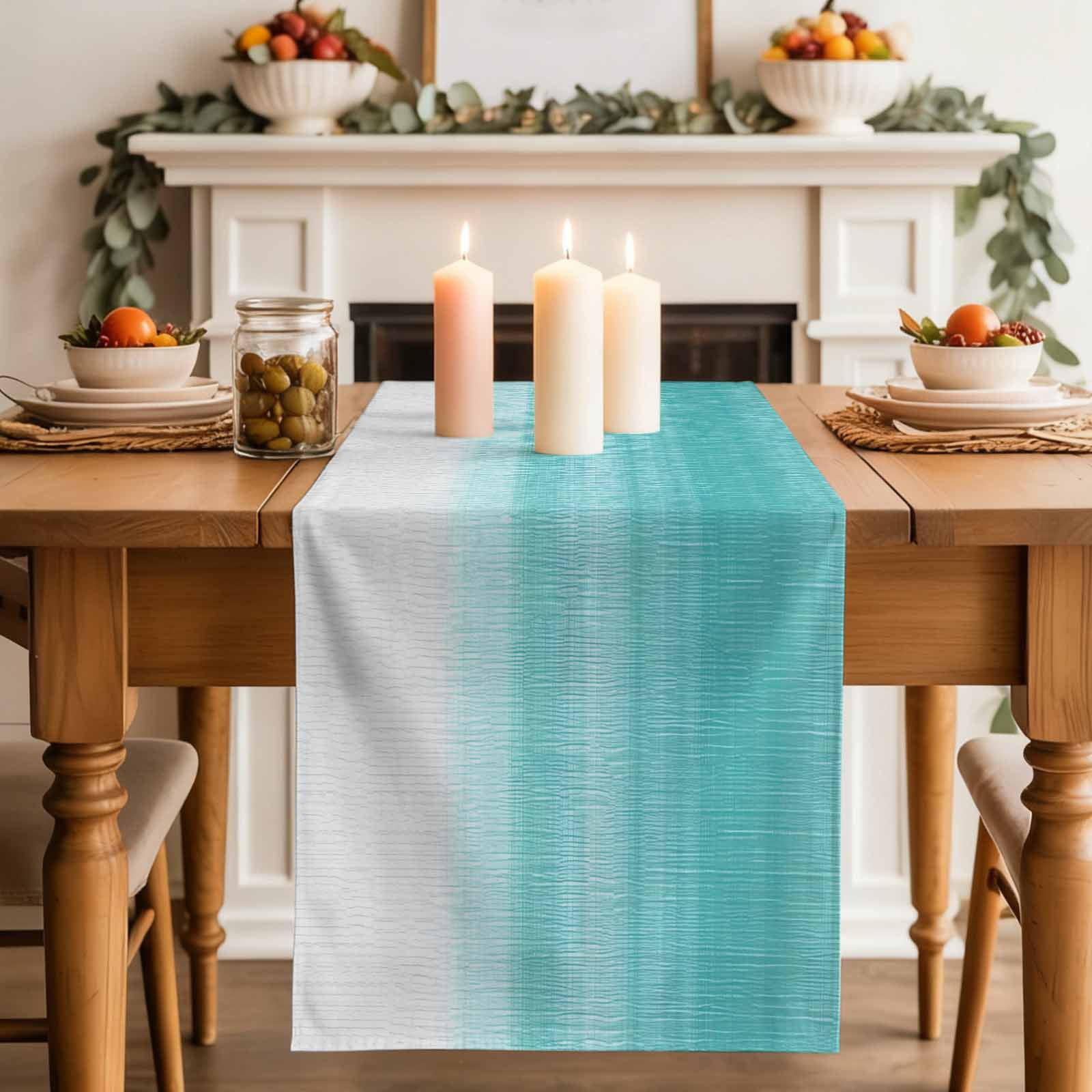 Aqua White Ombre Table Runner, Chic Modern Funny Abstract Striped Art Washable Cotton Linen Table Runners 48 Inches Long, Dresser Scarf Runner for Nightstand/Coffee/End Tables 13''x48''