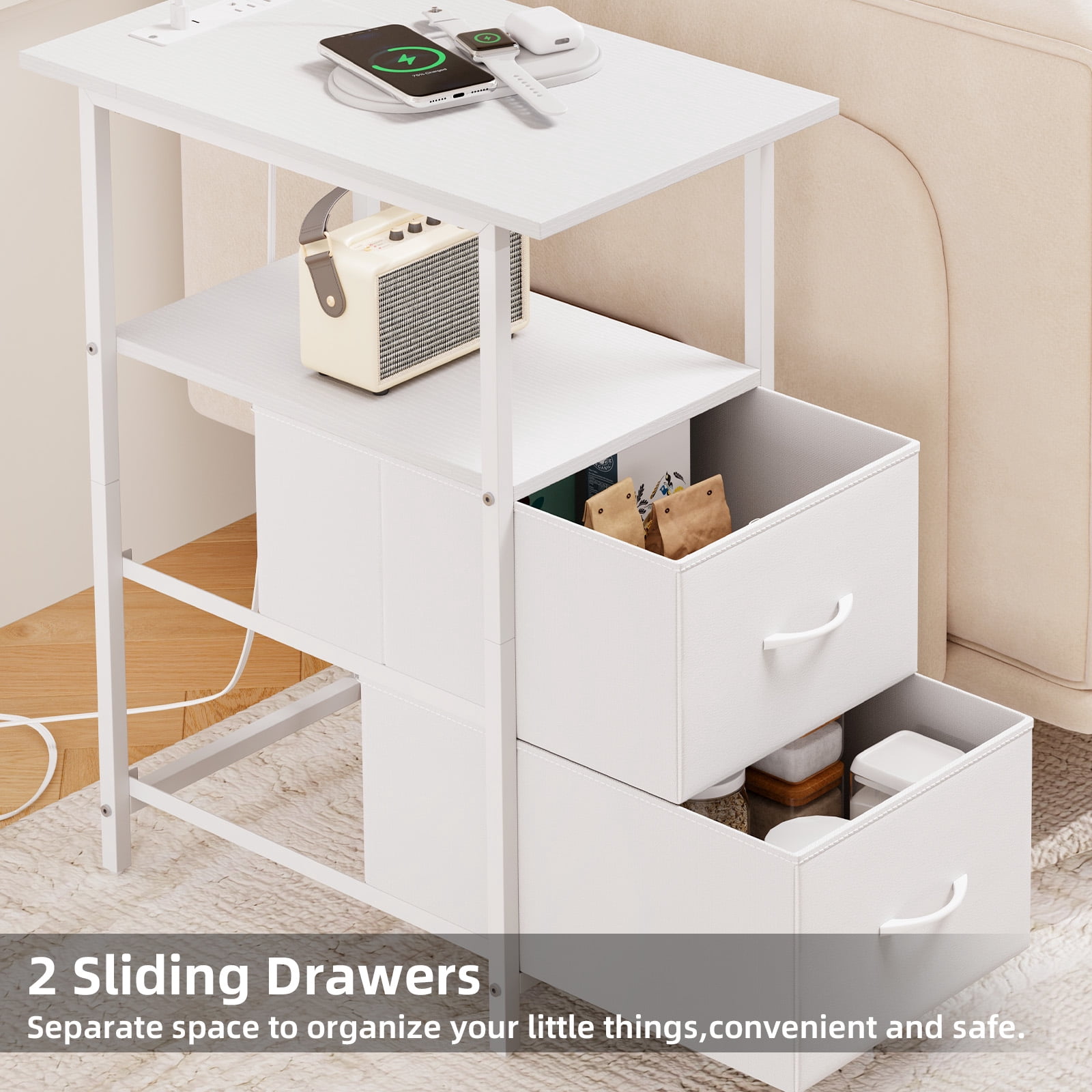 Eunos White Long End Table with Charging Station, Nightstand with Open Shelf, 2 Fabric Drawer