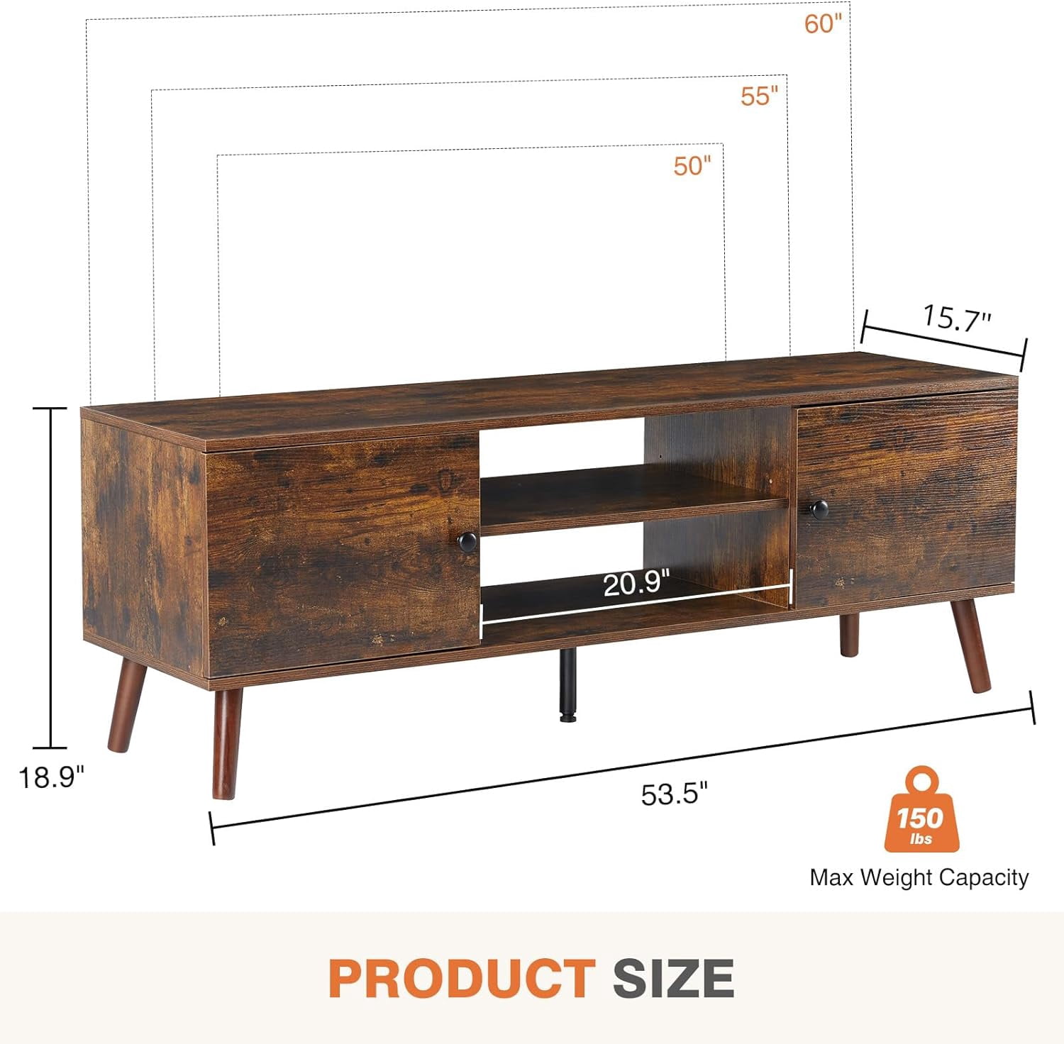 TV Stand for 55 60 inch TV, Modern Mid Century Entertainment Center with Storage, Media Console Table 2 Cabinet, for Living Room, Office, Rust Brown
