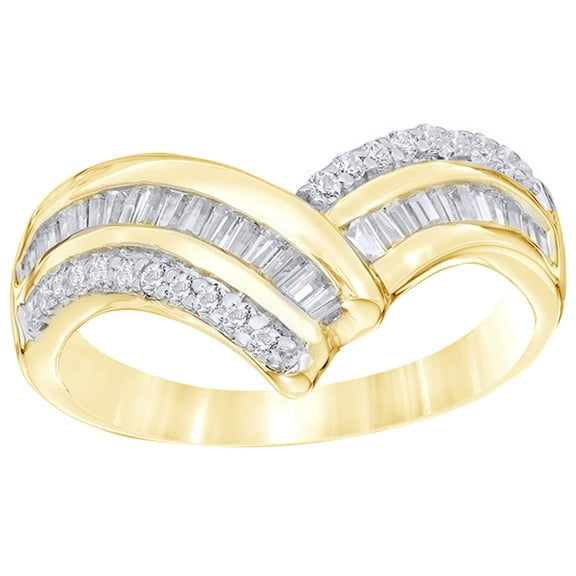 AFFY White Natural Diamond Triple Row Chevron Ring In 10k Yellow Gold