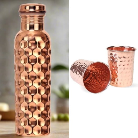 Nirmal Ganga Diamond Design Copper Bottle 1L(pack of 1) & Glass 250 ML(pack of 2)|| set of 3