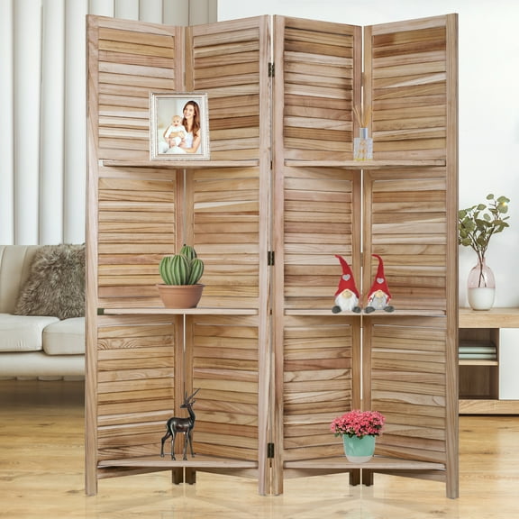 NiamVelo 4 Panel Wood Room Divider Folding Privacy Screen Portable Freestanding Room with 3 Shelves, Natural