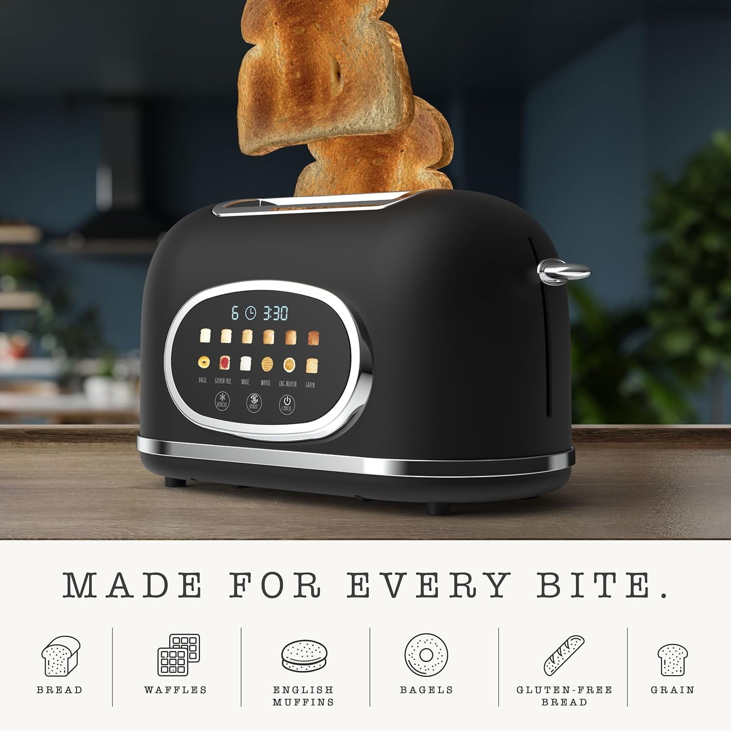 Rae Dunn Toaster, Digital Retro Stainless Steel with 6 Shade Settings, Black