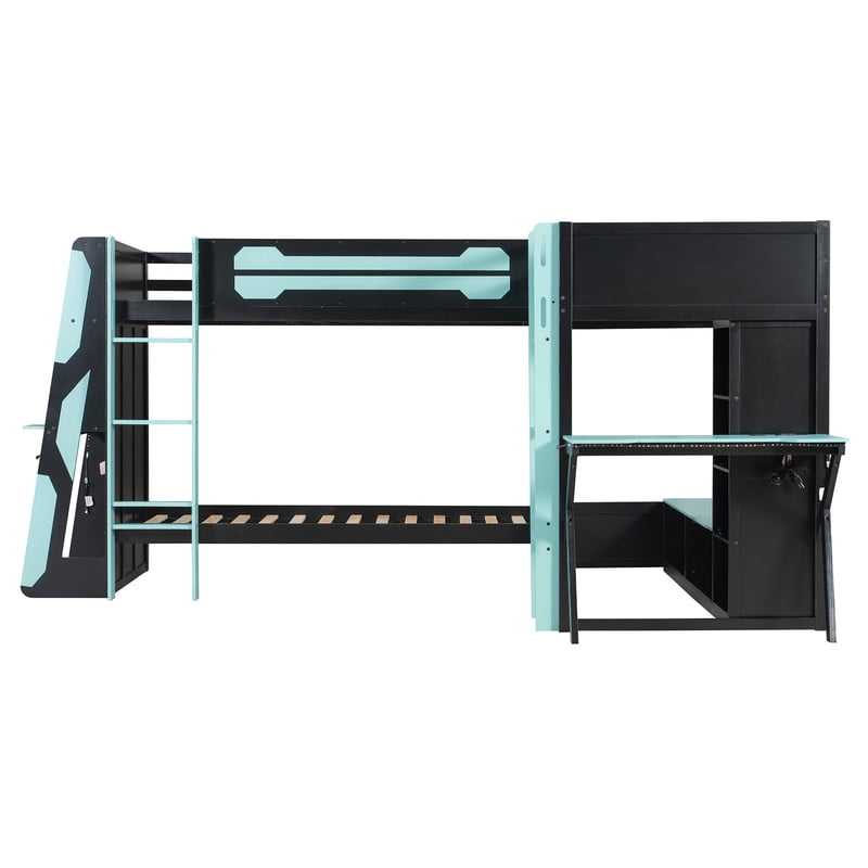 L-Shaped Twin Size Gaming Bunk Bed with RGB LED Lights, 3 Twin Beds, USB Ports, TV Stand & Storage Shelves, Reversible Wooden Bunk Bed Frame for Teens & Adults