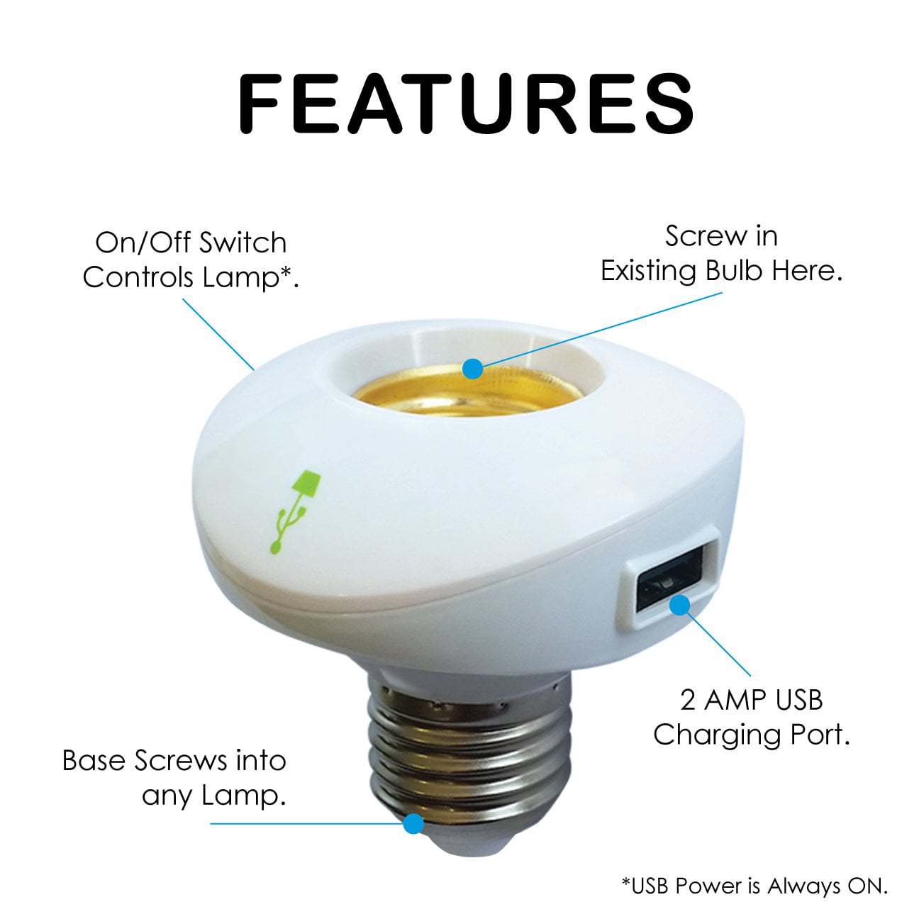 LAMP CHAMP USB SOCKET CHARGER POWER ADAPTER CELL PHONE TABLET BEDROOM LIGHT BULB 