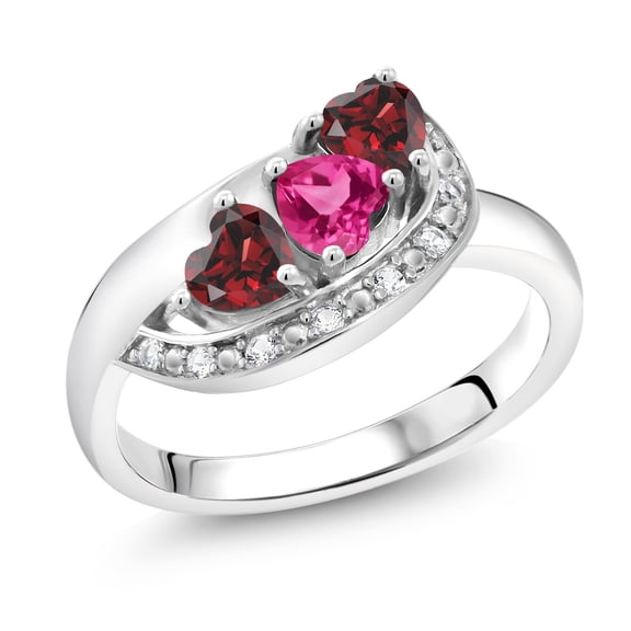 Gem Stone King 925 Sterling Silver Pink Created Sapphire and Red Garnet and White Created Sapphire Engagement Ring for Women (1.22 Cttw, Gemstone September Birthstone, Heart Shape 4MM, Size 7)