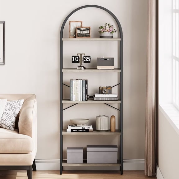 5 Tier Bookshelf Arched Display Racks Tall Standing Bookshelves Metal Frame Farmhouse Storage Rack Shelf for Home Office, Black Gray
