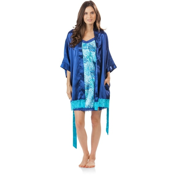 Ashford & Brooks Women's 2 Piece Satin Robe and Nightie Set - Aqua/Royal Blue - Large