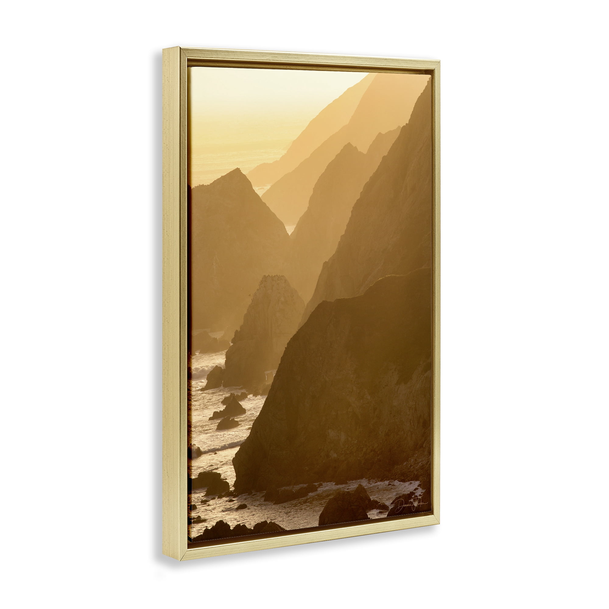 Stupell Industries Rocky Cliffs by Beach Landscape Photography Gold Floater Framed Canvas Art Print Wall Art, 17 x 25