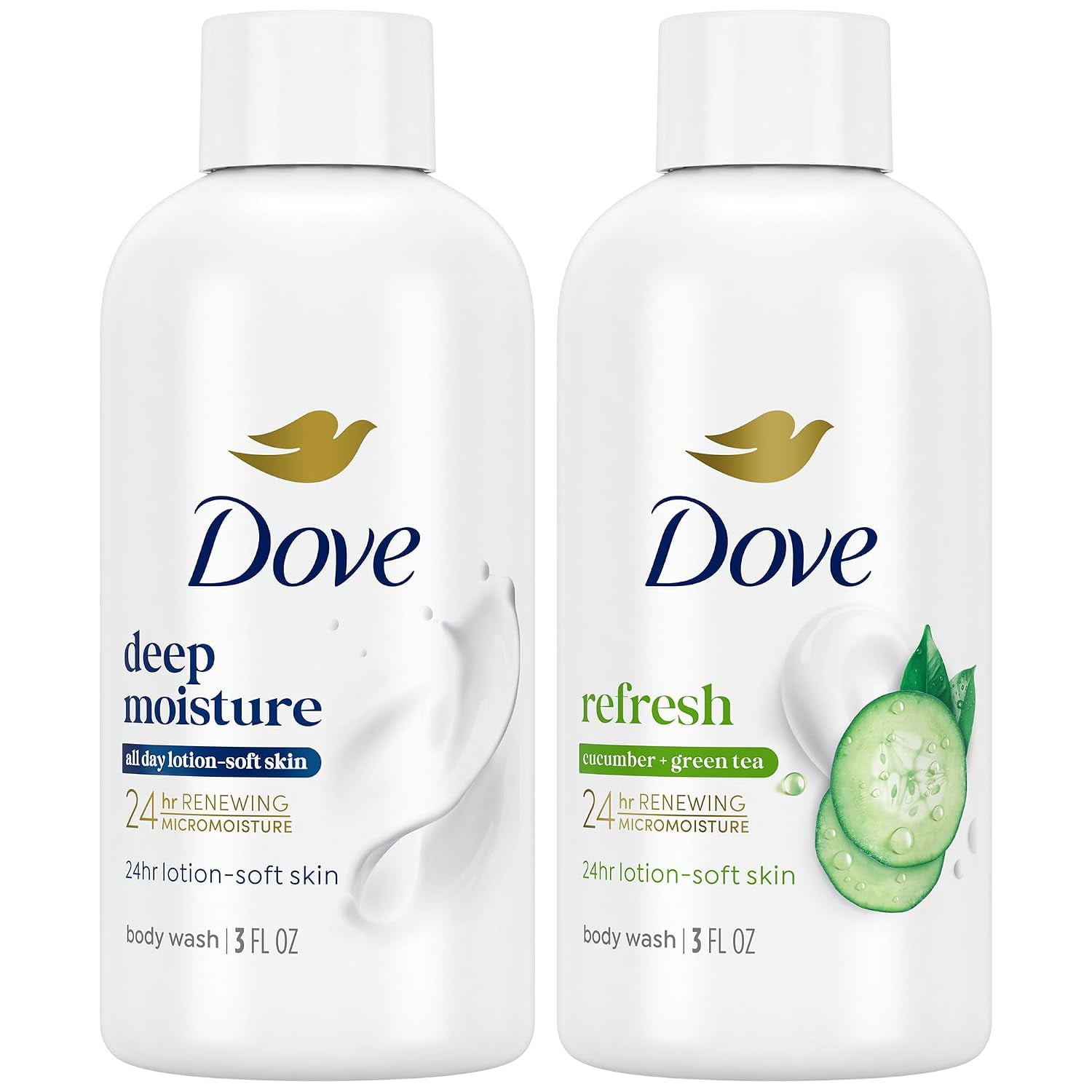 Dove Travel Body Wash Set, Deep Moisture & Refresh, 3 Oz Ea | Refresh Cucumber & Green Tea + Deep Moisture Body Wash Set | 24H Renewing Moisture for Lotion Soft Skin | Travel Essentials