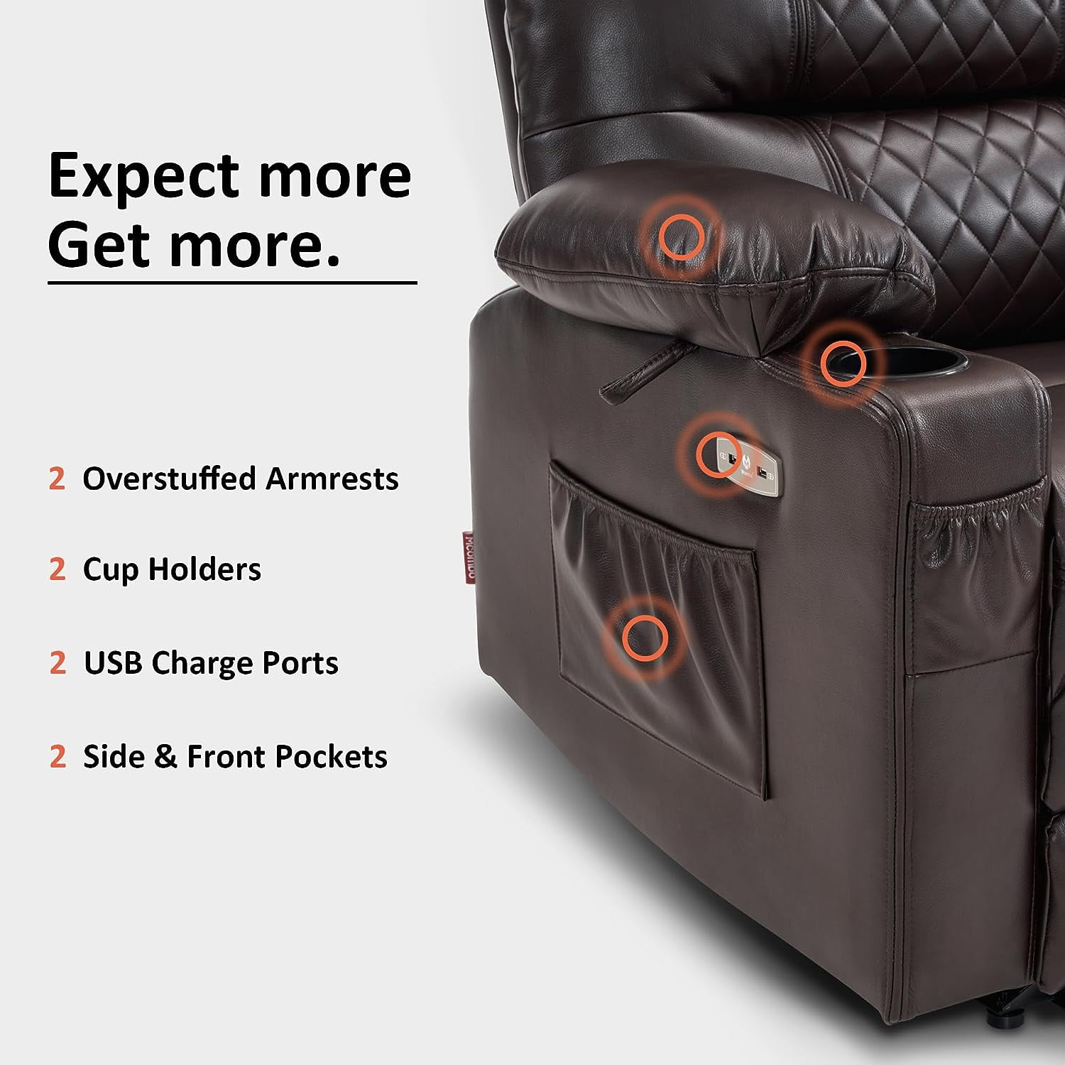 MCombo Power Recliner Faux Leather Living Room Electric Reclining Chair, No Lift, 621 (Dark Brown)