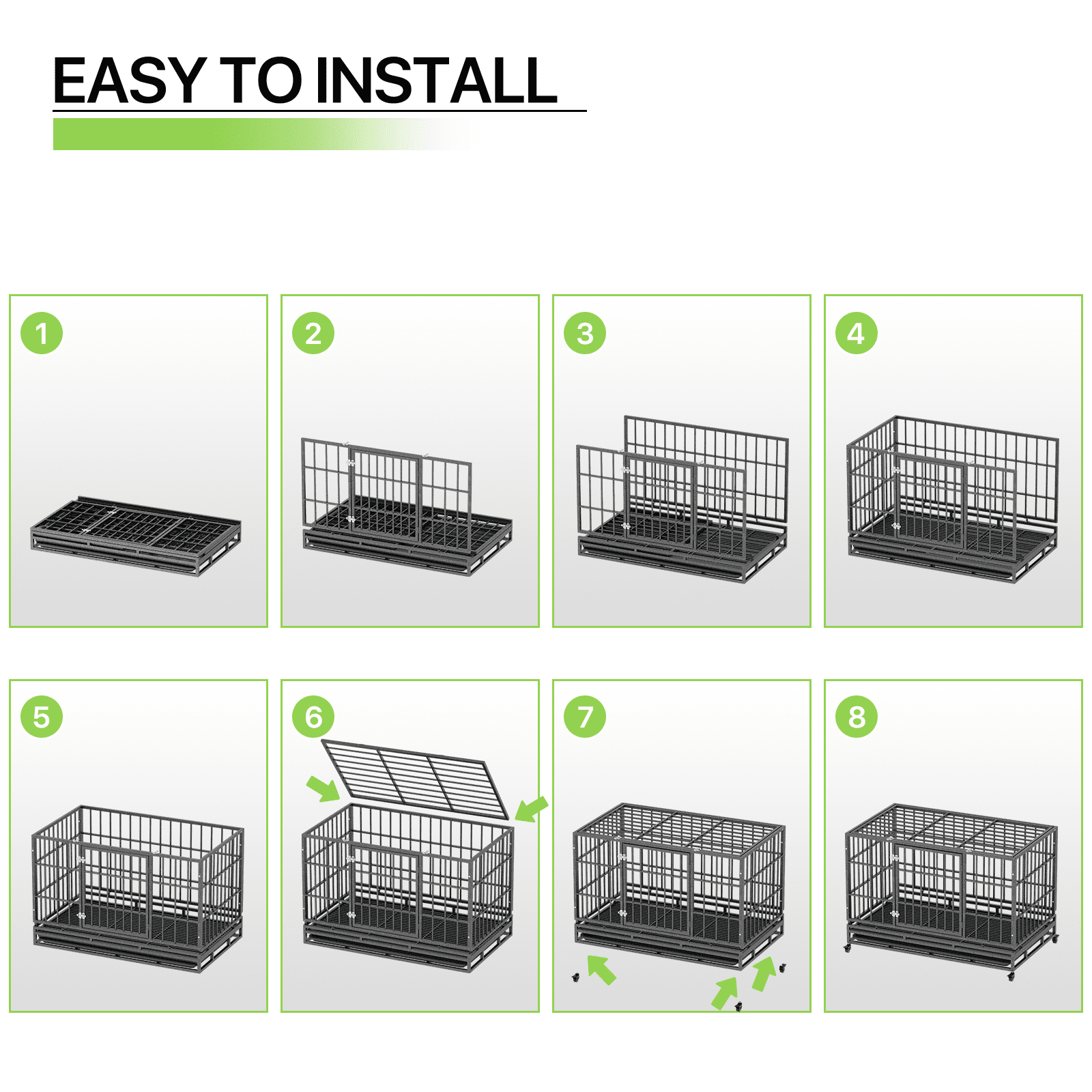 Magshion 48.5" Large Alloy Steel Heavy Duty Indestructible Dog Crate, Escape-Proof Dog Crate Cage Kennel for Large Dogs, Double Door Dog Crate with Removable Crate Trays and Wheels, Dark Silver