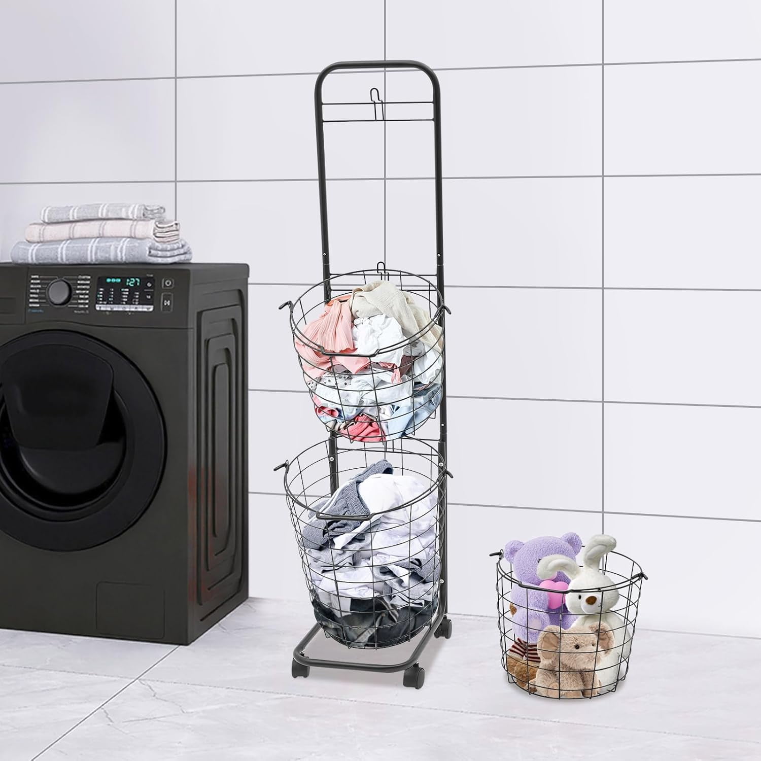 Laundry Basket on Wheels,3 Tier Large Laundry Hampers Clothing Sorting Laundry Baskets Metal Sorter Storage Trolley