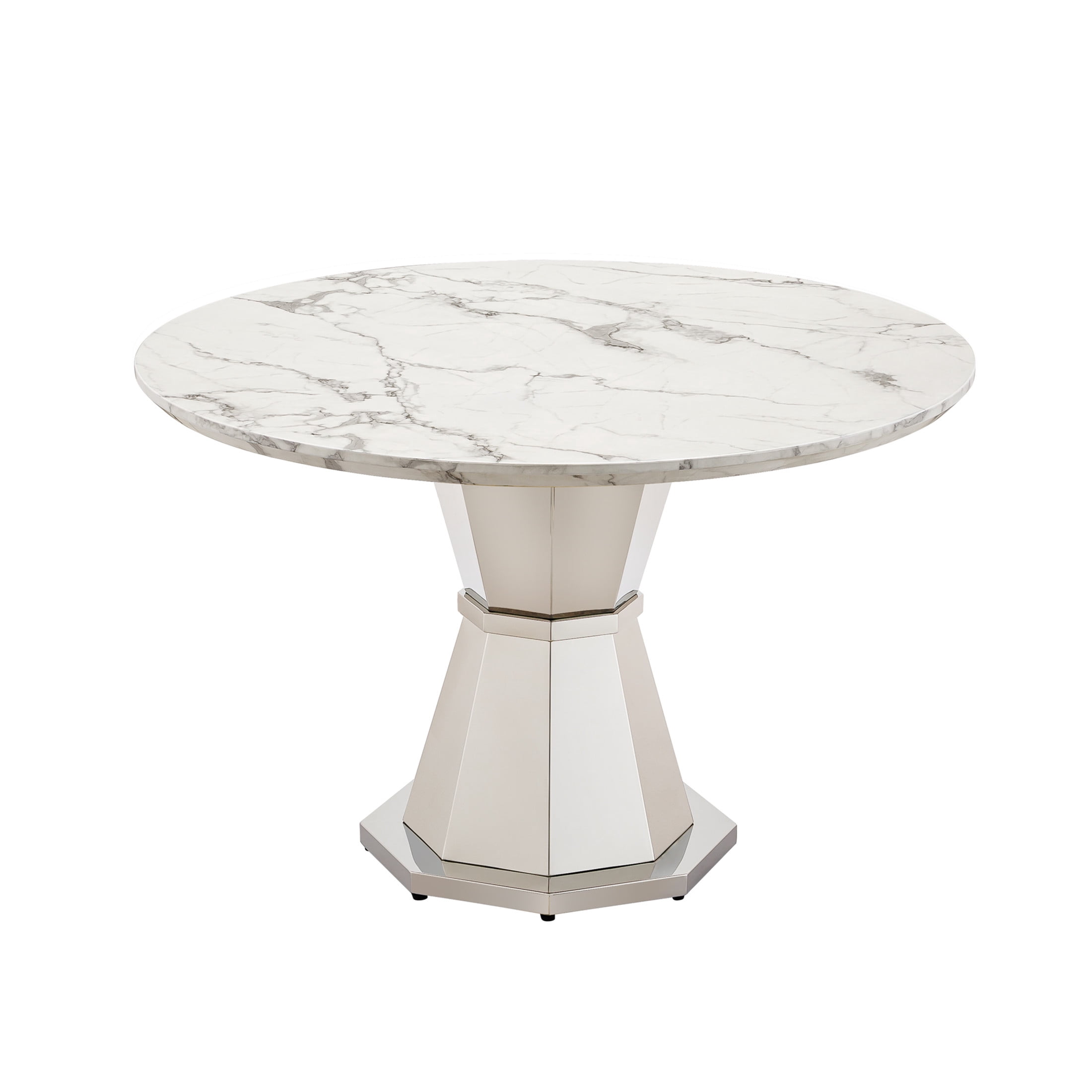 Noble House Modern 47" Round Faux Marble Dining Table with Stainless Steel Base, for Kitchen, Gloss White & Gold