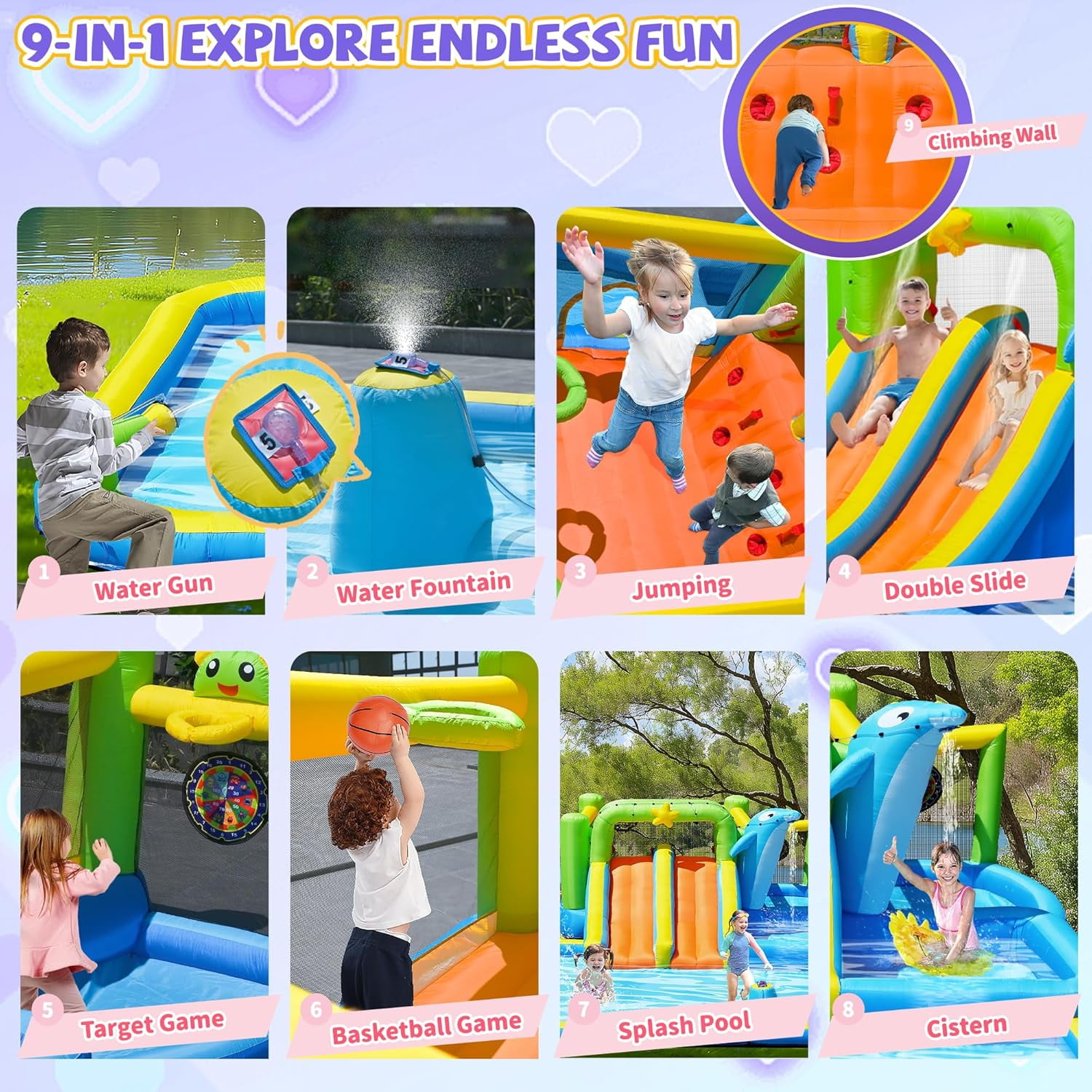 Acpouw 9 in 1 Inflatable Water Slide for 3-12 Years, Bounce House with Blower Shower Soak, Pool, Sprinkler Fountain, Water Gun Target for Kids , Indoor/Outdoor Kids Bouncy Castle with Blower