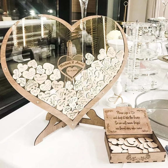 Wedding Guest Book Heart Shape Wooden Guest Drop Box Guest Message Delivery Boxes Birthday Wedding Party Decoration Ornament(1set-with 80 Hearts)