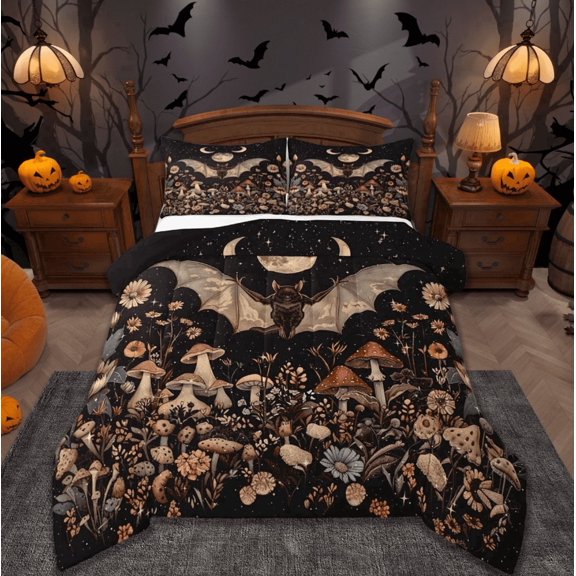jejeloiu Halloween Spooky Bats Bedding Comforter Set,Cartoon Mushroon Flower Twin Comforter Sets,Galaxy Starry Night Bedding Set,Microfiber Bedroom Decor Reversible,2 Pieces