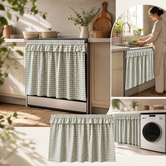 Feledorashia Oven Door Curtain, Checked Farmhouse Oven Skirt, 29.92 X 20.87 Inch Checked Ruffled Short Curtain with Tie Attachments for Oven Dishwasher Cabinet Checked Farmhouse, Kitchen Use Design