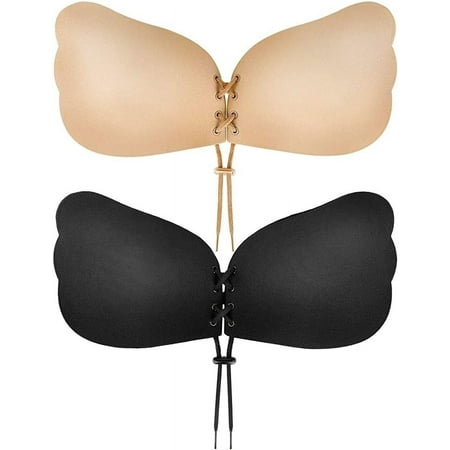 Sticky Bra  Backless Strapless Bra Push Up  Adhesive Invisible Lift Up Bras 2 Pairs Black/Beige